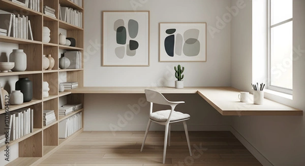Obraz A bright and airy home office with a large wooden bookshelf and a minimalist desk by the window.