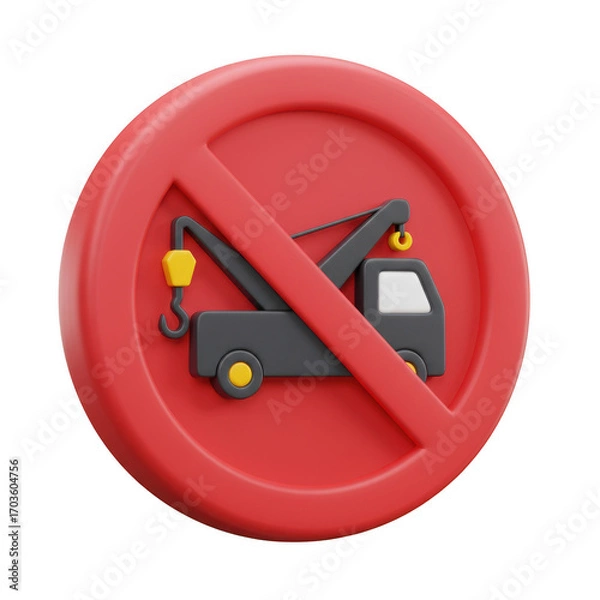 Fototapeta Red circular prohibition sign with tow truck icon showing no towing allowed isolated on transparent background