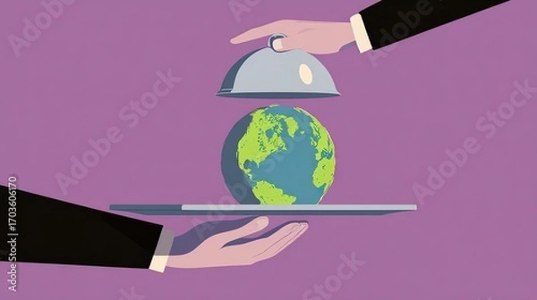 Fototapeta Colorful flat illustration of hands lifting silver bell jar to reveal Earth globe on purple background, minimalist design symbolizing sustainability and global issues