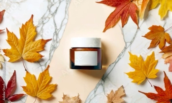 Fototapeta  Cosmetic jar surrounded by colorful autumn leaves on a marble surface. Vibrant maple leaves in shades of red, orange, and yellow frame the minimalist jar, creating a seasonal visual appeal.