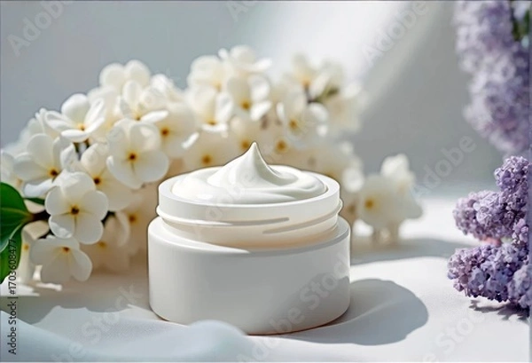 Fototapeta White cosmetic cream jar with swirl top, surrounded by jasmine and lilac flowers on soft white background,