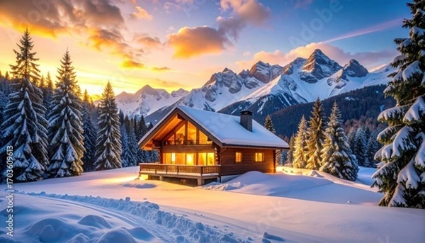 Fototapeta Winter mountain cabin