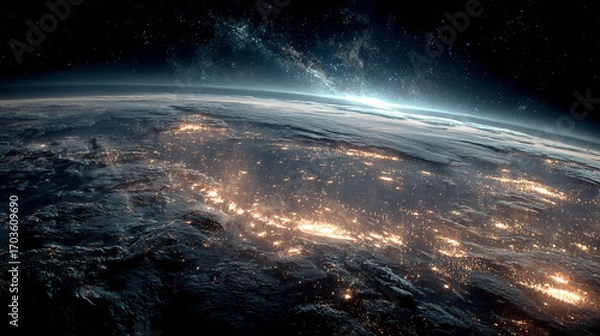 Obraz Earth at night city lights gleaming under starry sky sunrise approaching