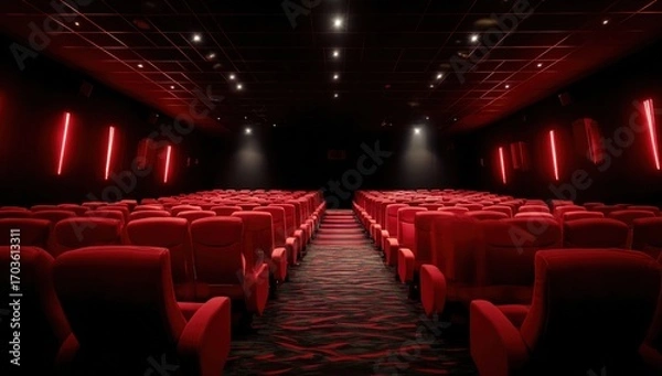Fototapeta Empty movie theater, red seats, dark