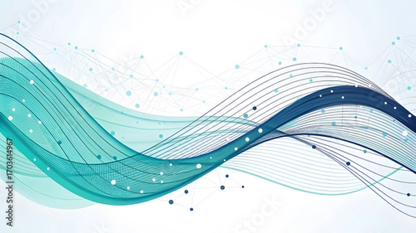 Fototapeta Flowing Teal and Blue Waves with Network Connections