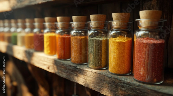 Fototapeta  A row of glass jars filled with colorful spices on an old wooden shelf, showcasing unique colors and textures. Perfect for cooking-themed designs. 