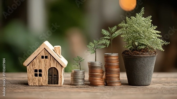 Fototapeta Wooden Miniature House Sitting atop a Table, Accompanied by a Green Plant and Coin Symbols Perfect for Creative Projects, Boosting Inspiration and Encouraging Relaxation.