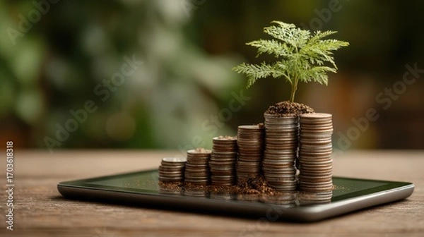 Fototapeta Growth Amidst Prosperity A Young Plant Sprouting From a Stacked Coin Collection on a Modern Tablet, Representing the Blending of Nature and Finance.