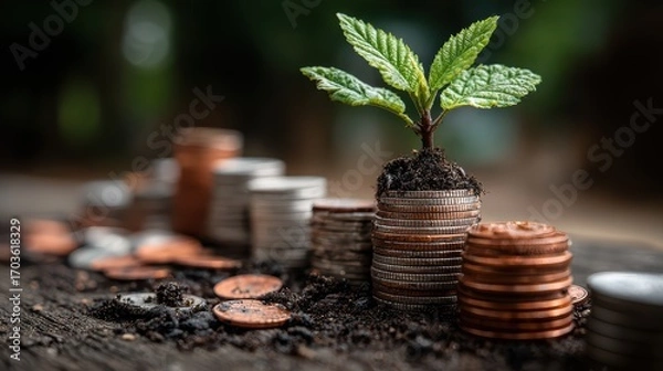 Fototapeta Striking Image of a Vibrant Plant Sprouting from a Pile of Coins Financial Growth Concept with Modern Aesthetic, Ideal for Dynamic Campaigns and Branding.
