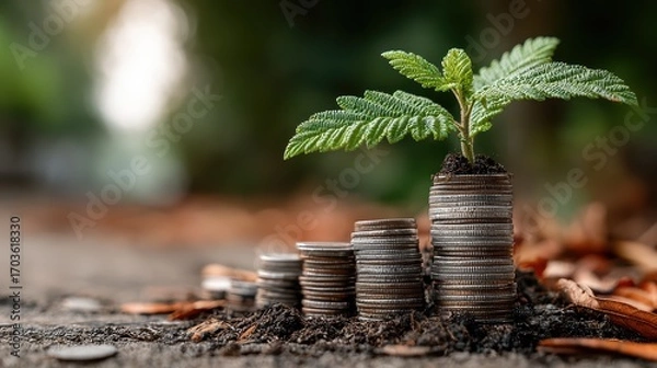 Fototapeta Vibrant Young Plant Sprouting Amidst Stacked Coins Symbolizing Growth and Investment, Ideal for Creative Projects or Motivational Content.
