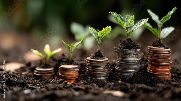 Fototapeta Stunning Image of Young Plants Sprouting from a Stack of Coins in a Fea F F Aa Cbc Setting, Perfect for Creative and Financial Projects Boosting Innovation and Growth.