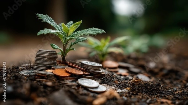 Fototapeta Unique Scene of Young Plants Sprouting from a Pile of Coins Inspiring Symbolism for Branding and Marketing Campaigns, Boosting Creativity.