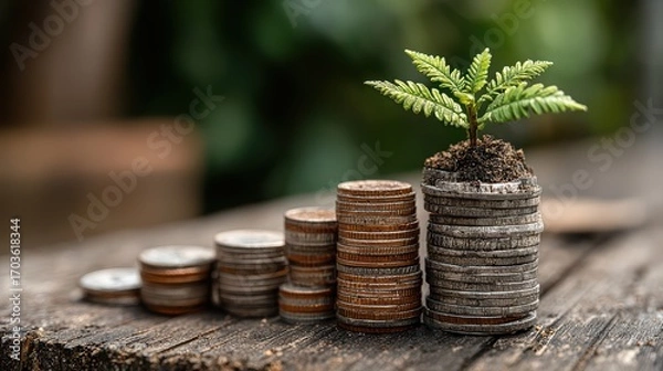 Fototapeta Vibrant Young Plant Sprouting from a Stacked Coin Pile, Symbolizing Growth and Financial Investment Ideal for Marketing and Branding Campaigns, Inspiring Aspiration and Renewal.