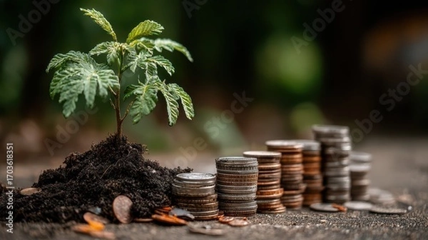 Fototapeta Striking Image of a Resilient Sprout Thriving atop a Coin Pile, Conveying Financial Growth and Natures Power Ideal for Motivational and Financial Campaigns.