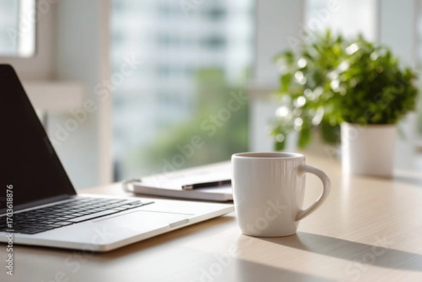 Obraz Minimalist desk setup with laptop, notebook, and coffee mug creates serene workspace