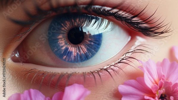 Obraz A close-up of a human eye with vibrant purple and blue hues, framed by long lashes