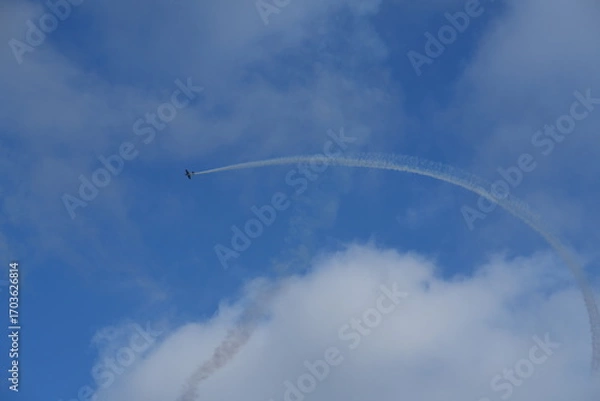 Fototapeta Small Airplane with a White Smoke Trail Against a Cloudy Sky