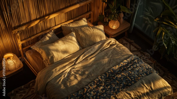 Fototapeta Cozy bamboo bed with soft linen bedding and pillows, illuminated by warm light in a serene bedroom setting. Perfect for restful sleep and tranquility.