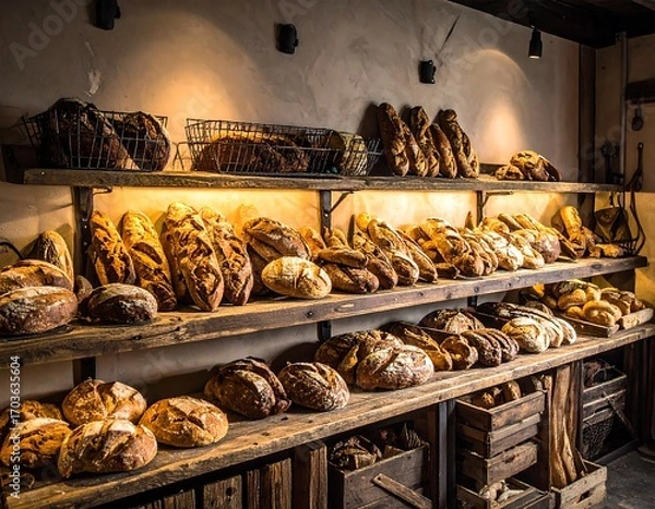 Fototapeta Display of various breads on wooden shelves
