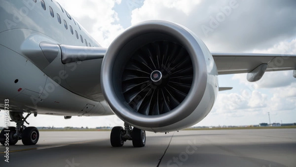 Obraz High performance aircraft engine with detailed turbine blades, showcasing engineering excellence and aviation technology on runway