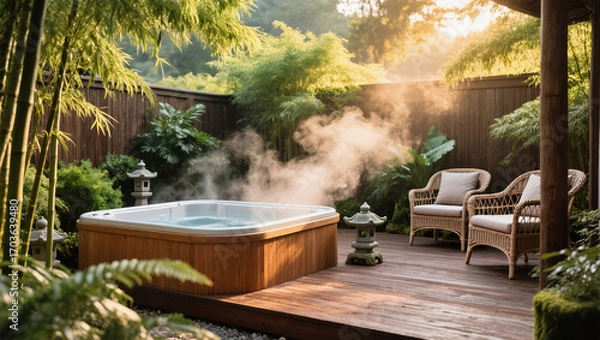 Fototapeta Tranquil backyard oasis with steaming hot tub and cozy seating for relaxation and serenity.