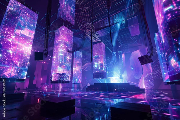 Obraz A futuristic live performance stage with augmented reality visuals, synchronized lighting, and interactive audience elements