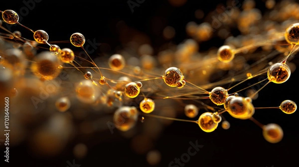 Fototapeta Golden spheres connected by thin strands forming a complex network against a dark background abstract art science