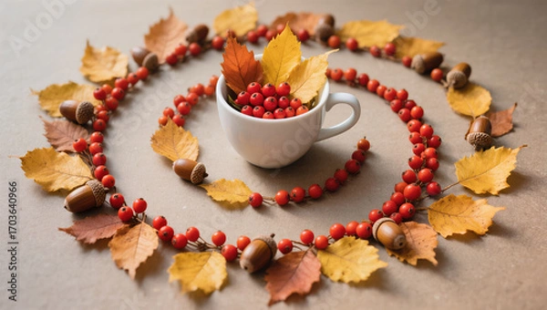 Fototapeta Autumn harvest arrangement with acorns and rowan berries surrounding a cup.