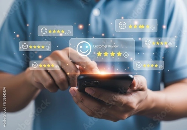 Fototapeta A young adult man engages with customer reviews on his smartphone, reflecting professionalism and modern technology.