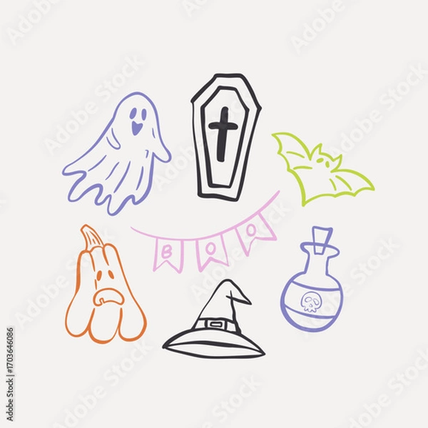 Fototapeta Halloween line art icons set in color. Includes ghost, coffin, bat, pumpkin, witch hat, potion bottle, and festive garland. Perfect for stickers, cards, invitations, party decor and seasonal design.