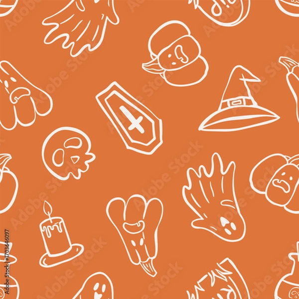Fototapeta Seamless Halloween pattern with white line art icons on orange background. Includes ghost, skull, coffin, candle, witch hat, pumpkin and spooky symbols.