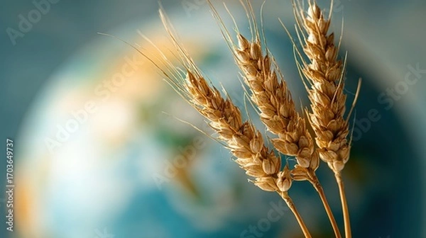 Fototapeta Close-up of golden wheat stalks with blurred Earth globe in background, symbolizing World Food Day, global food security, sustainable agriculture, and harmony between nature and humanity
