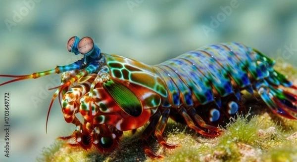 Obraz Colorful mantis shrimp rests on a reef, macro close-up in shallow water.
