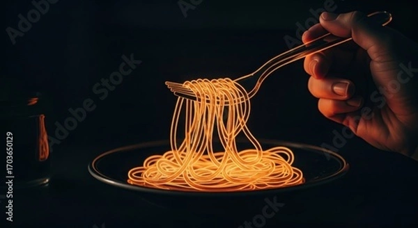 Obraz Hand holding fork with glowing orange spaghetti over dark plate pasta food