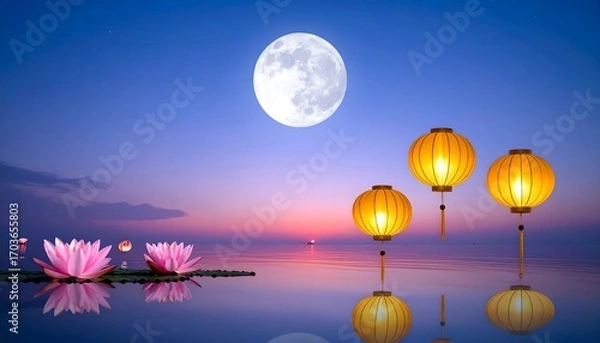 Fototapeta Lotus Flowers and Lanterns Under Full Moon