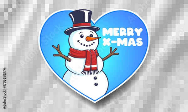 Fototapeta Vector funny smiling cute cartoon kind snowman in hat and red scarf. Toon heart sticker or holiday badge. Merry Christmas and Happy New Year