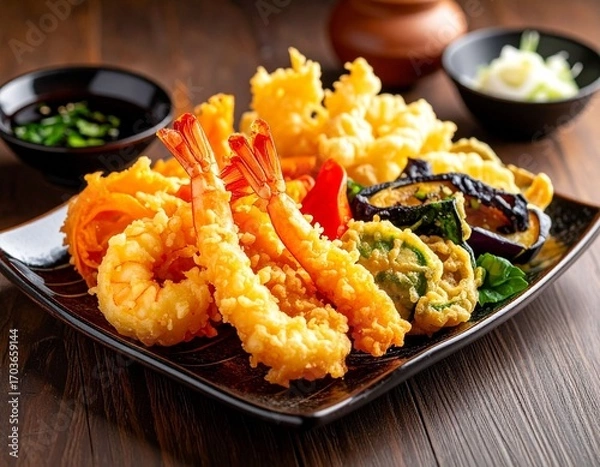 Obraz AI-generated illustration of assorted Japanese tempura with dipping sauce on a wooden table