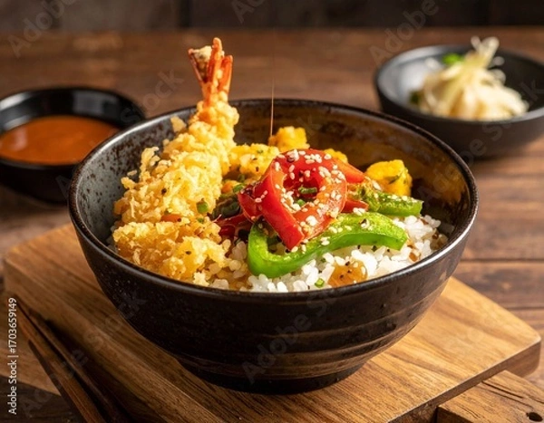 Obraz AI-generated illustration of a delicious bowl of tempura shrimp, rice, and vegetables