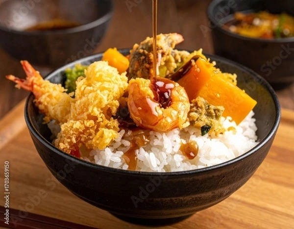 Obraz AI-generated illustration of a delicious bowl of tempura shrimp, rice, and vegetables