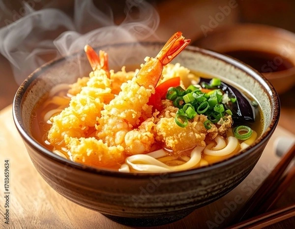Obraz Steaming tempura udon with shrimp and vegetables.