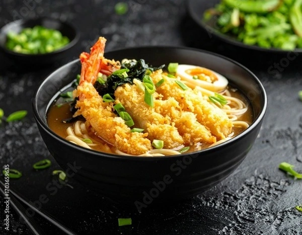Obraz AI-generated illustration of a steaming bowl of shrimp tempura udon noodles.