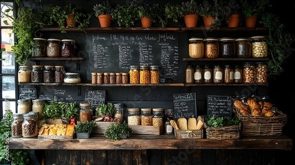 Fototapeta Rustic cafe counter displaying jars of grains nuts herbs and fresh baked goods with chalkboards