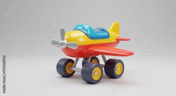 Fototapeta A colorful toy airplane, rendered in vibrant yellow, red, and blue hues, sits on large wheels against a neutral backdrop.