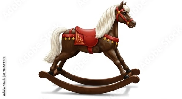 Fototapeta Detailed illustration of a charming rocking horse with a rich brown hue, adorned with a red saddle and decorative accents.