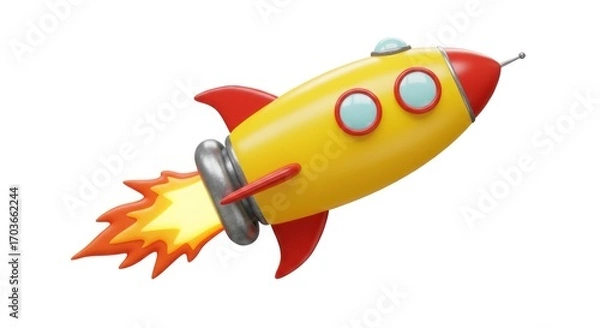 Fototapeta A vibrant yellow cartoon rocket ship with red accents is depicted in a dynamic flight pose, with a prominent fiery exhaust trail against a clean white backdrop.