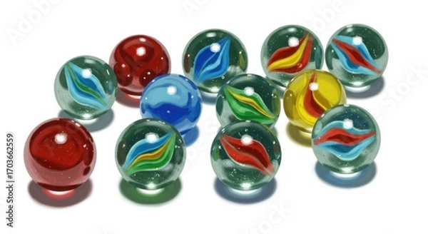 Fototapeta A close-up view of colorful glass marbles, showcasing vibrant swirling patterns and reflecting light.