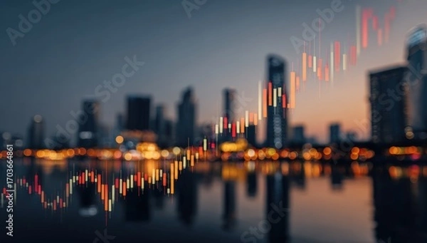 Fototapeta Financial data over city skyline at twilight
