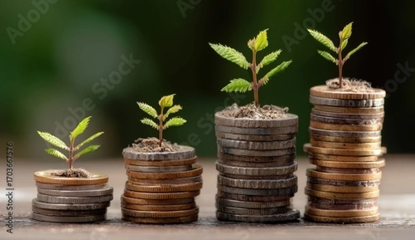 Fototapeta Stacks of coins with small plants growing on top