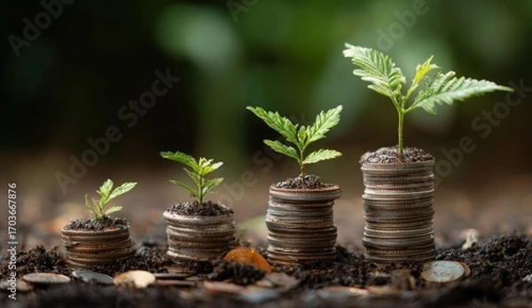 Fototapeta Small plants growing from stacks of coins in soil