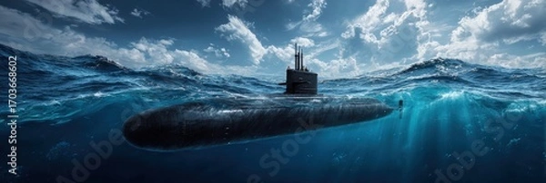 Fototapeta Submarine navigating through choppy ocean waters